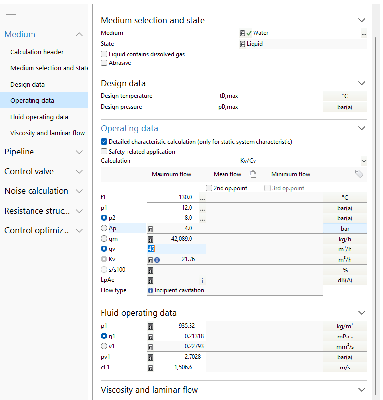 CONVAL 12 control valve module: Medium selection and state, Design data and Operating data for a water service