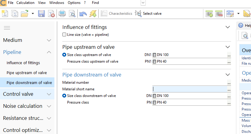 CONVAL 12 Pipeline section: Line size checkbox, with size and pressure class upstream and downstream of the valve